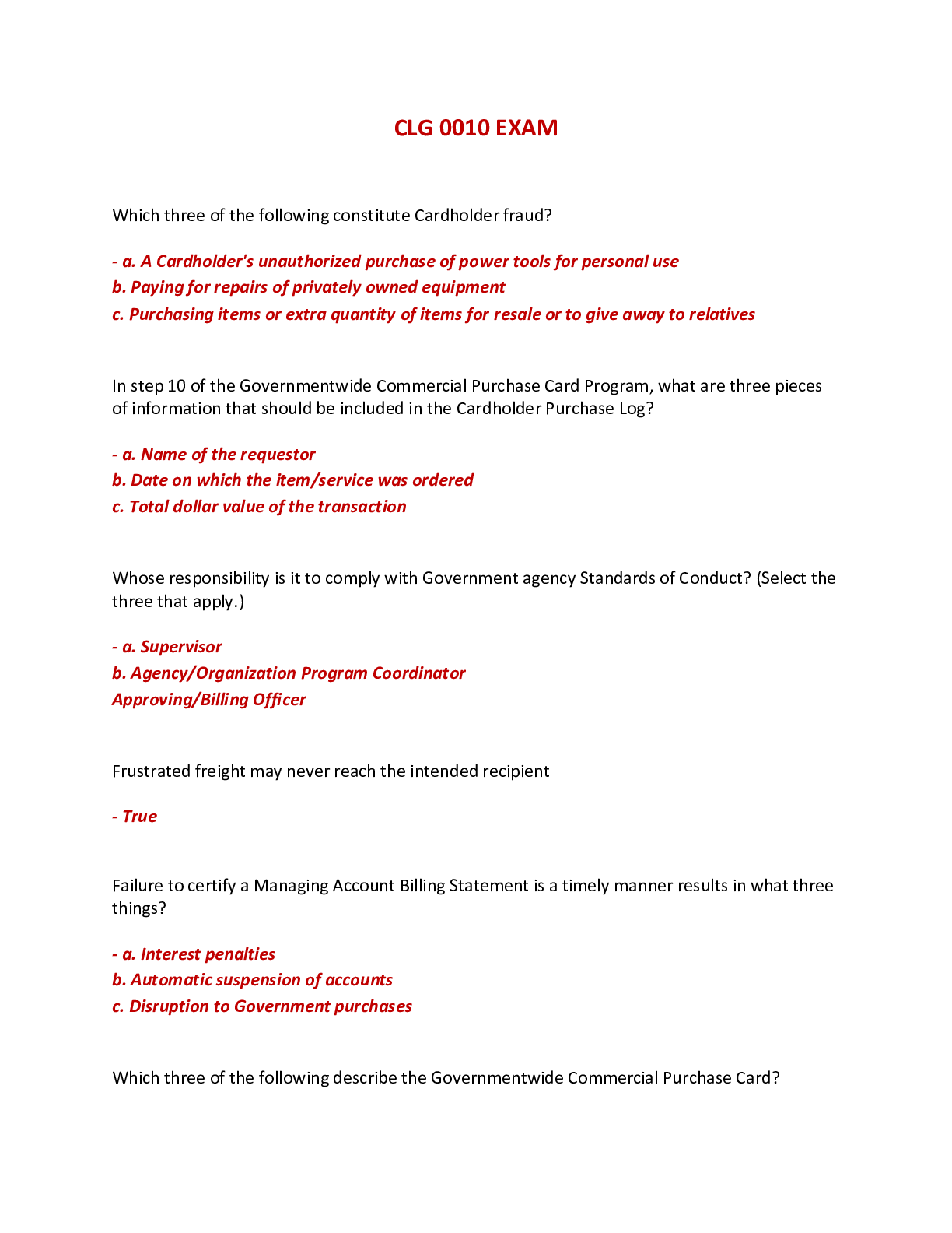Preview of CLG 0010 EXAM - QUESTIONS AND ANSWERS